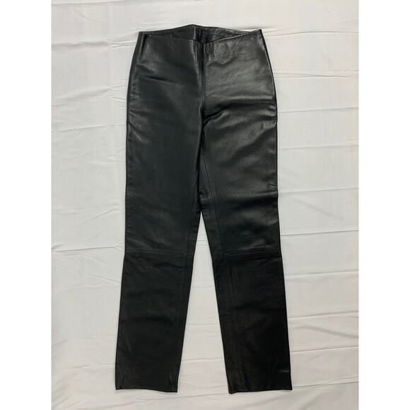 Black Italian Leather Straight Leg Side Zip Mid Rise Flat Front Leather Pants 4 - Picture 1 of 11
